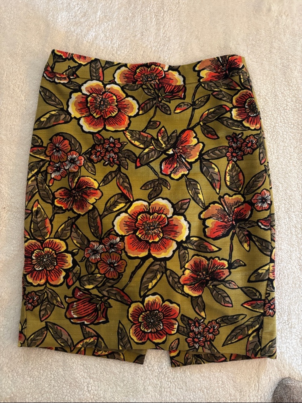 LOFT Olive Floral Pencil Skirt with Red-Orange Blooms